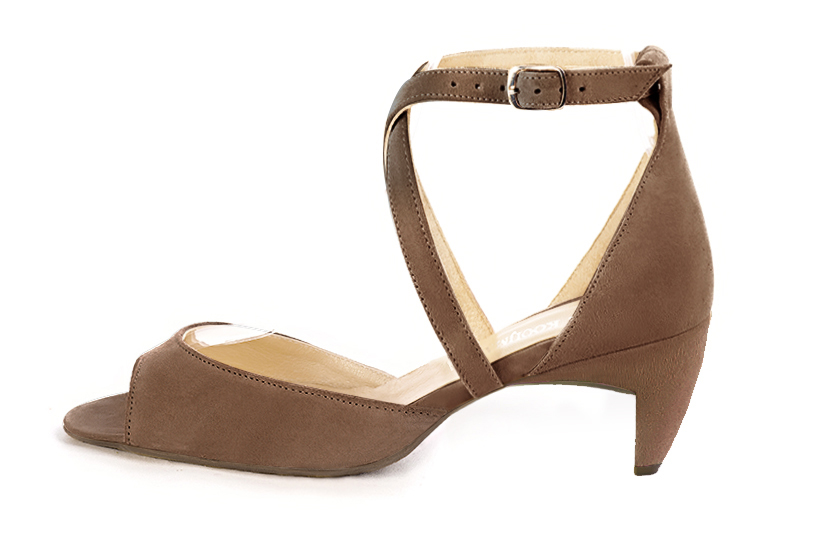 Chocolate brown women's closed back sandals, with crossed straps. Square toe. Medium comma heels. Profile view - Florence KOOIJMAN